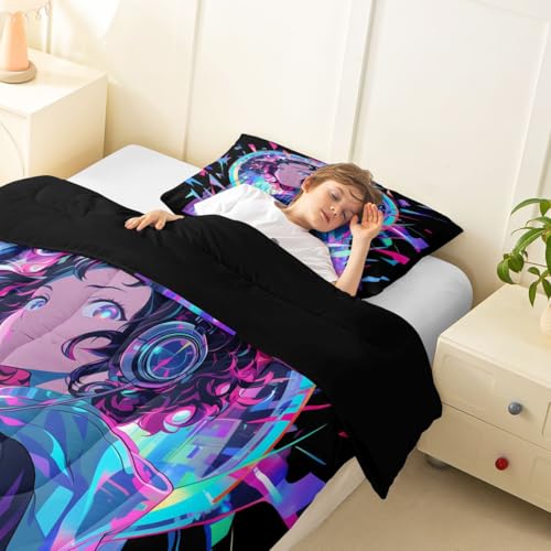 Image of Erosebridal 3D Anime Girl Bedding Comforter Sets American Street Culture Comforter Set Twin for Teens Youth Girls Watercolor Graffiti Style Bedding Galaxy Stars Print Duvet Set with 1 Pillow Case