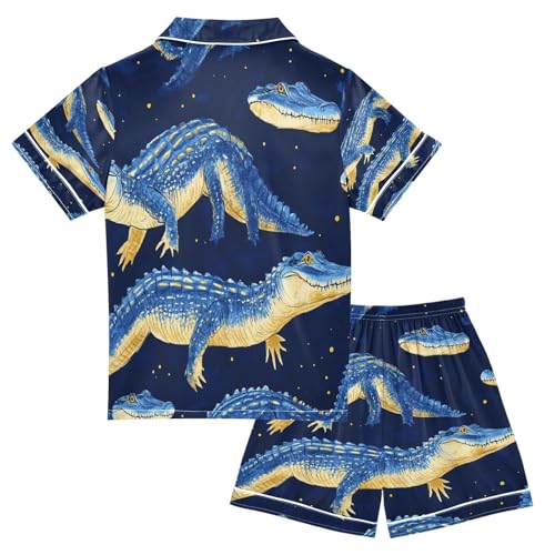 Satin Pajama Sets Short Sleeve Blue Crocodile Pattern Print Button Down Silky Nightwear 2 Piece PJS 5-14Y2