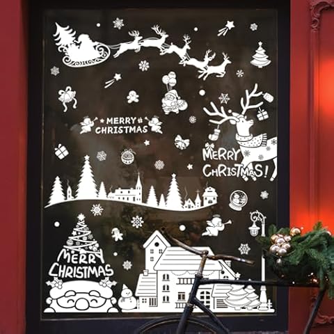 YIZHI Christmas Static Clings for Glass Windows 9 Sheets Christmas Window Decals Snowflakes Santa Claus Reindeer Christmas Decorations for Kids Holiday Window Clings Winter Decorations Cover