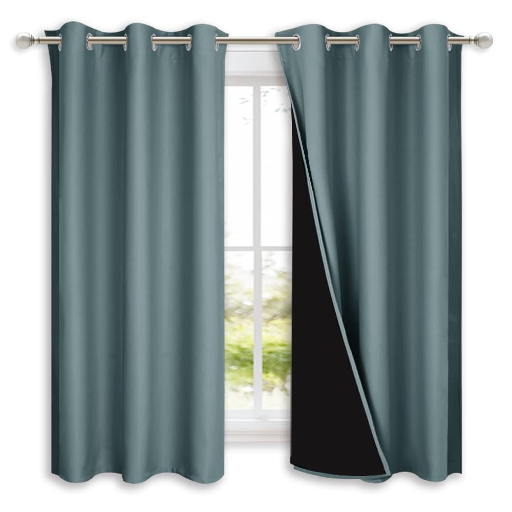NICETOWN 100% Blackout Short Curtains with Black Liners, 2 Panels, 37" W by 40" L, Greyish Blue, Solid Thermal Insulated Full Blackout 2-Layer Lined Drapes, Energy Efficiency Window Drapes for Bedroom