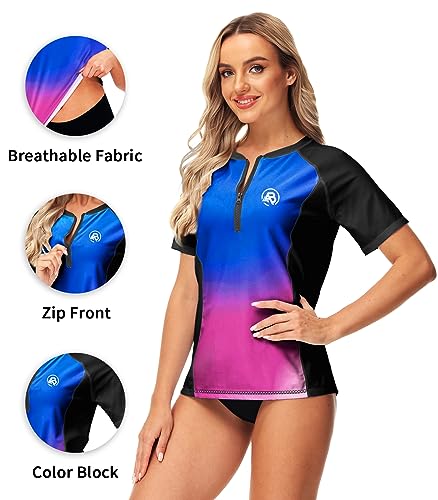 AOBUTE Women Zip Rash Guard UPF 50+ Gradient Short Sleeve Swim Top Surf Shirts3
