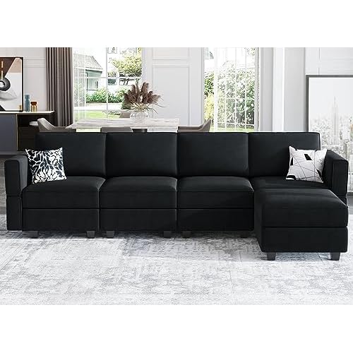 Belffin Modular Sectional Sofa Couch with Reversible Chaise Velvet L Shaped Couch Sofa with Storage 4-seat Convertible Sectional Sofas Black Black L S