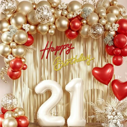 Image of TONIFUL Happy Birthday Sign for Backdrop - Glitter Red Gold Felt Banner - Includes Dot Glue - Perfect for Birthday Party Backdrop,Wall Decr,Balloon Arch,Photo Background