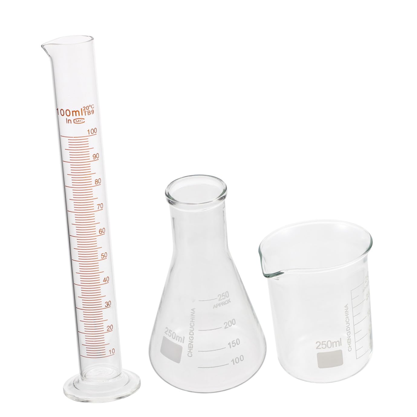 KOMBIUDA Wissenschaftliches Laborbecher Satz aus Glas mit Messzylinder 100ml und Erlenmeyerkolben 250ml für Genaue Messungen im Labor und Experimentelle Projekte