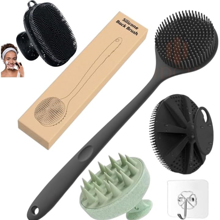 Image of Snika Soft Silicone Back Scrubber Long Handle Bath Brush + Body Scrubber Bath Brush + Scalp Massager for Hair + Face Scrubber Brush, Combination Combo, Super-Exfoliating & Lathering Body Scrubber, Shower Brush | BPA-Free | for Men and Women (With A Free Hook 3-pic)