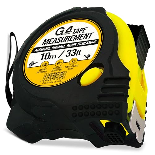 G4GADGET 10 Meter Tape Measure Heavy Duty Retractable Griplock Design 3 Lock Buttons 25mm Wide Blade Metric & Imperial Units Shockproof Rubber Case Pro Measuring Tool (Black Yellow)