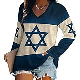 Vintage Israel Flag Women's Long Sleeve Tee V Neck T Shirts Fall Tops Pullover Tunic Tee