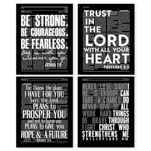 HRQKO Vintage Bible Verses Christian Office Wall Art Poster Set of 4, Scripture Joshua 1: 9 Printing Posters Wall Decor, Inspirational Be Strong Be Courageous Prints for Office 8”x10” Unframed(black)