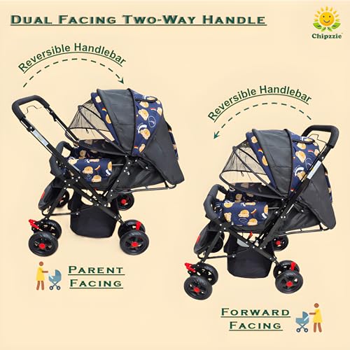 Image of Ezy Go+ Baby Stroller Pram with Mosquito Net | Reversible Handle, Full Recline & Foldable | All-Terrain 360Swivel Wheels, Safety Harness, Large Storage Basket | Thick Cushion Seats for Newborns to Toddlers 0-3 years (N. Blue -Teddy)
