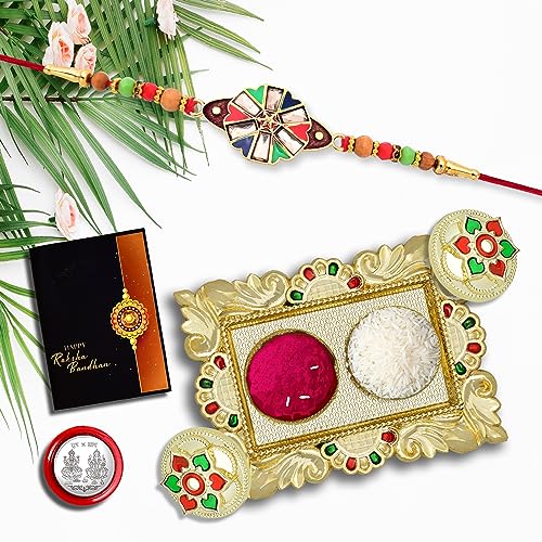 Image of Periapt Rakhi Combo (K1 416 AA1) with Pooja Coin, Gold Color Pooja Thali / Tilak Set & Greeting Card rakhi thali set, Rakhi with plate, Rakhi for kids, rakhi for brother and bhabhi, rakhi silver, rakhi for baby brother, rakhi for brother kids, rakhi set of 1