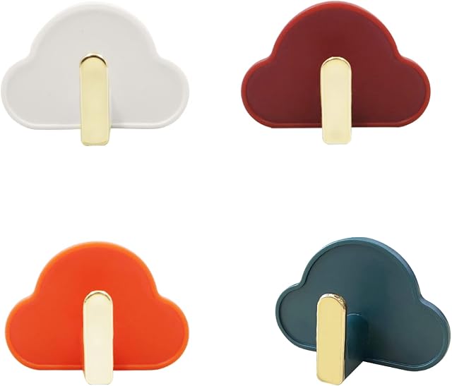 4Pcs Cloud Adhesive Hooks, Cute Wall Hangers Without Nails, Colorful Sticky Hooks, Decorative Hooks for Girls Bedroom, Hanging Coat Key Bag Hat Bathroom Robe Towel (4 Colors)