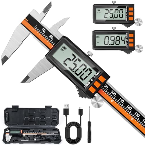 Calibre Digital 150 MM Recargable por USB Type C IP54, Calibre Pie de Rey con Pantalla LCD Grande, Calibre Vernier Digital Acero Inoxidable 0 150 MM/6