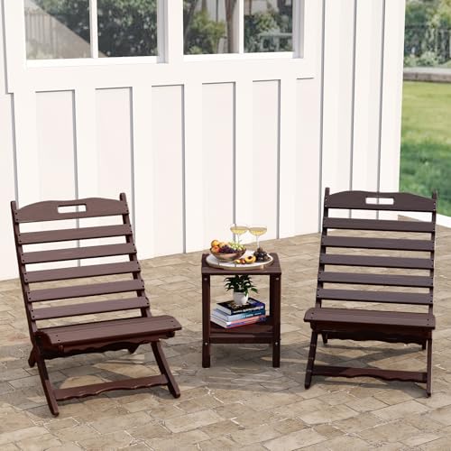 GREENVINES 3 Pieces Patio Furniture Set | Outdoor Bistro Sets for 2 | HDPE Wood Grain | Folding-Adirondack-Chairs-with-Side-Table | All Weather | Xavi