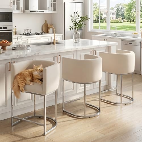 Image of HNY Modern Counter Height Linen Cream Fabric Upholstered Counter Stools Set of 3, 24 Inch Kitchen Island Stool with Chrome Finish Metal Frame