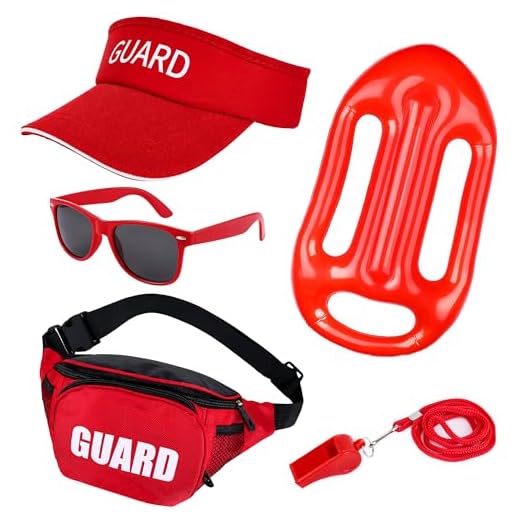 Goenb Juego de 5 Piezas de Disfraz de Guardia, Accesorios de Disfraz de Guardia Visera Riñonera Gafas de Sol Guardia Flotadores Silbato para Hombres Mujeres Niños Niñas para Disfraces de Playa Fiesta