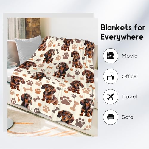 Dachshund Blanket with Women Men, 60x80 Inches Blanket with Dogs on it, Cozy Soft Throw Gifts for Dog Lovers, Cute Flannel Throw Blankets for Bed Couch