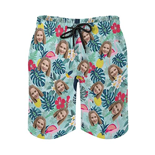 Custom Face Men's Stretch Swim Trunks with Flamingo Tropical Leaves Quick Dry Drawstring Elastic Trunks Beach Shorts2
