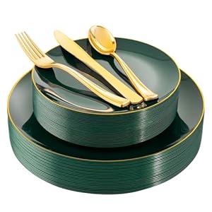 YOUBET 125PCS Green Plastic Plates – Green Disposable Plates With Gold Rim – Green Plates Disposable Include 25 Green Dinner Plates, 25 Dessert Plates, 75 Gold Cutlery for Party Wedding & Christmas