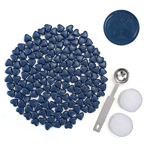 Mogokoyo 150 Pieces Heart Shape Wax Seal Beads Kit with a Wax Melting Spoon and 2 Pieces Candles for Sealing Wax Stamp?Blue?