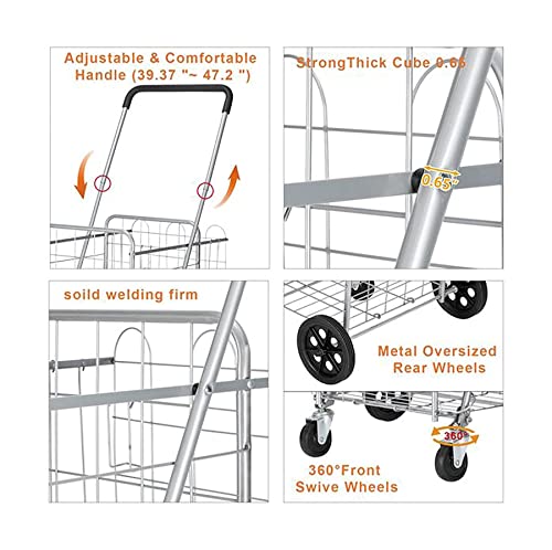 QUANLI Faltbarer Einkaufstrolley, zusammenklappbarer Einkaufswagen mit doppeltem Korb und 360° drehbaren Rädern, tragbar… – Bild 7