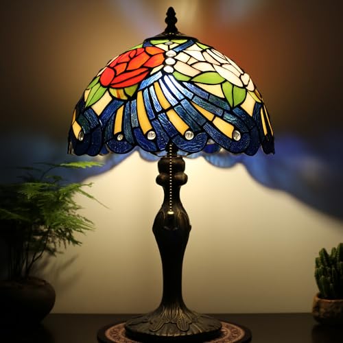 Image of Tiffany Table Lamp 19 inch Stained Glass Reading Lamp Red Rose Style