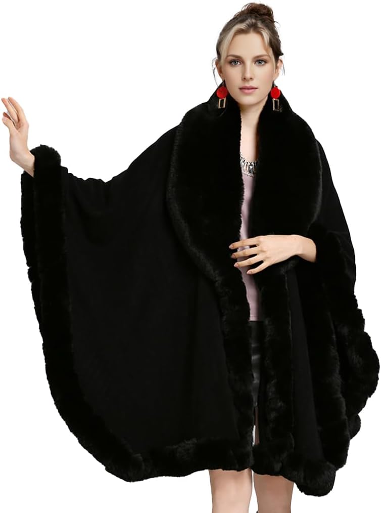 Women Fur Collar Cape Thick Cardigan Coats Fall Winter Faux Fur Shawl Cloak for Dress Evening Party - Image 2