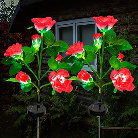 Solar Lights Outdoor Garden, XRR 2 Pack Garden Lights Solar Powered Waterproof with 12 Bigger Rose Flower Solar Decorative Lighting for Lawn,Patio,Yard,Pathway,Walkway Decoration (Red) Cover