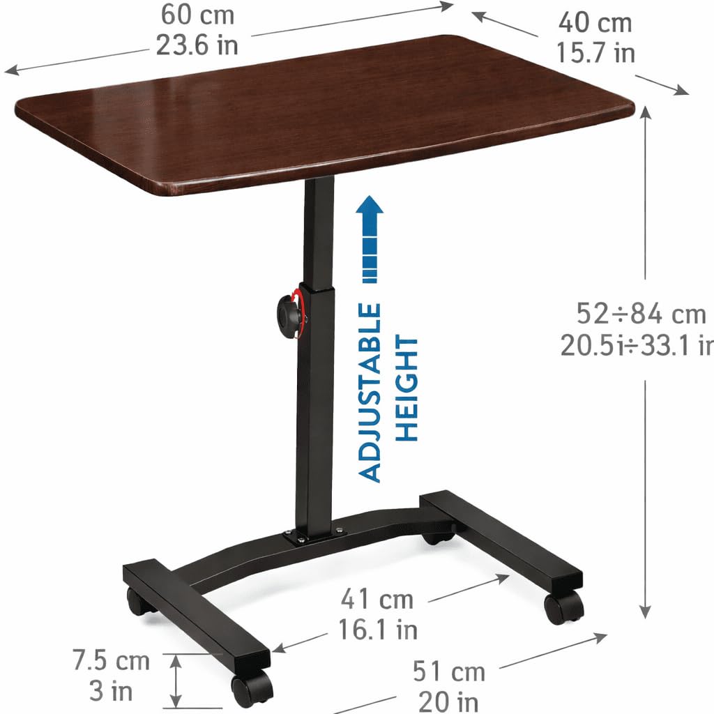 Tatkraft Salute Escritorio de Pie Móvil para Ordenador Portátil | Mesa Auxiliar de Sofa de Altura Ajustable 52-84 cm | Soporte Laptop con Ruedas de Bloqueo