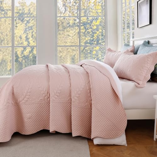 Image of EVENHUG Oversized King Bedspreads California King Quilt Set with Pillow Shams Extra Wide Large King Size Quilts Lightweight Coverlet Bedding Sets Pink 120 inchx120 inch