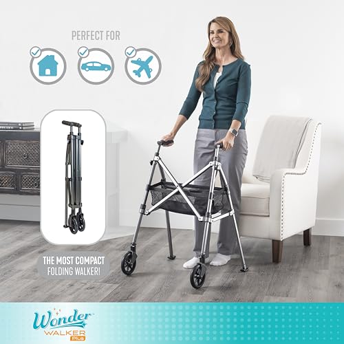 Stander Wonder Walker Plus, Lightweight Folding Mobility Aid for Adults, Seniors, and Elderly, Collapsible Travel EZ Fold-N-Go with Wheels, Glides, & Basket, Matte Black by Stander - Image 2