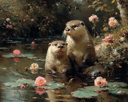 Stamped Cross Stitch Kits, Playful Otters by Riverbank, Needlepoint Counted Cross Kits for Beginners, Embroidery Kits Arts Home Decor(11CT No Frame,16x20 inch)