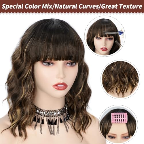 Image of AISI HAIR Synthetic Curly Bob Wig with Bangs Natural Brown with Blonde Highlight Short Wavy Hair for Women Natural Looking Heat Resistant Bob Wigs