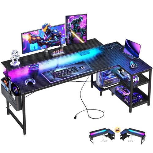 Image of ODK 66 Inch Gaming Desk with USB Charging Ports and LED Lights, Reversible L Shaped Computer Desk with Storage Shelves & Monitor Stand, Corner Gamer Desk Table with Power Outlets, Carbon Fiber Black
