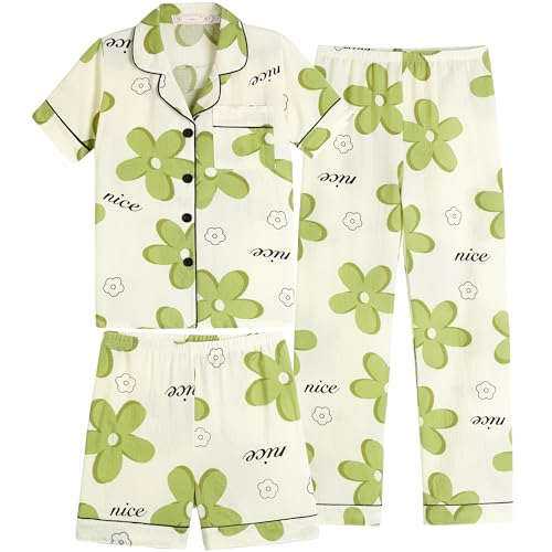 Vopmocld Girls' 3-Piece Pajama Set - Button-Down Short Sleeve Top With Long Pants & Shorts, Cute Cartoon Print - View #10