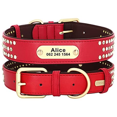 Didog Genuine Leather Dog Collars with Engraved Nameplate, Personalized Soft Padded Dog Collar with Bling Rhinestones, Durable & Adjustable for Small Medium Large Dogs,Red,M Cover