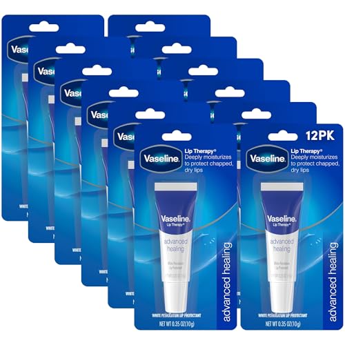 Vaseline Lip Therapy Advanced Healing 12-Pack – White Petroleum Moisturizing Lip Balm for Extremely Dry Lips, 0.35 Oz Ea