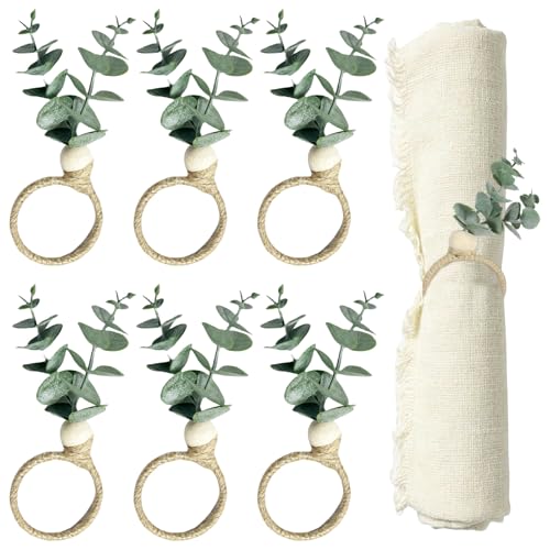 Rond de Serviette de Table, Rond de Serviette Bois, Lot de 6 Anneaux en Forme de Feuilles d'Eucalyptus, Décoration Artisanale pour Mariage et Dîner de Noël, Accessoire de Cuisine Élégant