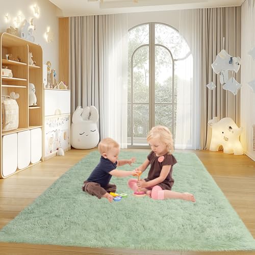 Green Rugs for Living Room, 4x6 Feet Large Fluffy Area Rugs for Bedroom, Soft Carpet Shag Kids Rug with 4 Non-Slip Rug Pads (4ft x 6ft, Green)