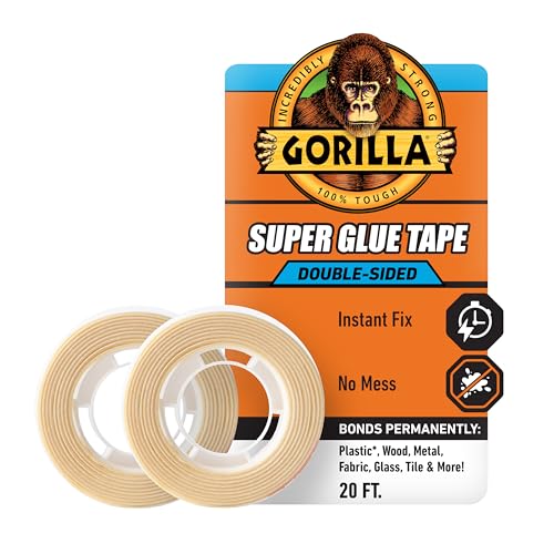 Image of Gorilla Super Glue Tape, Multi-Purpose, Permanent, Double Sided, High Tack, 5 /8in x 20ft, Clear (Pack of 2) | Multi-Purpose, Permanent Adhesive, High Tack Bonding for Wood, Metal, And Fabric, Great for Repairs and Projects