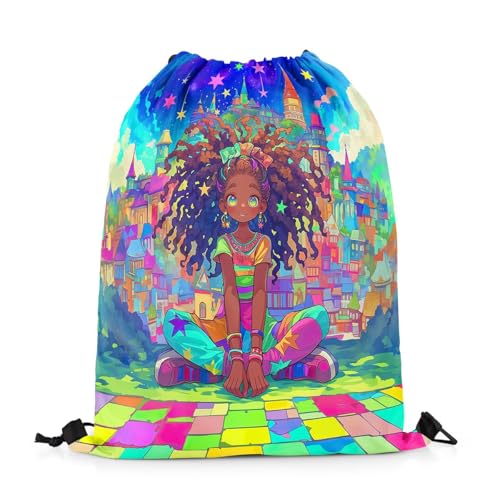 Image of jejeloiu Cute Black Drawstring Backpack 13x15.7inch African American Waterproof Gym Drawstring Bags Star Print Sports String Backpack Beach Swim Travel Bag Sackpack（No Gl