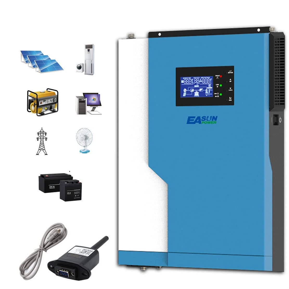 FAXIOAWA Contrôleur de Charge Solaire, onduleur Solaire Hybride 24V48V 100A Onduleur à Onde sinusoïdale Pure, système d'alimentation Solaire Hors réseau, contrôleur Solaire et Chargeur AC,3500W-24V