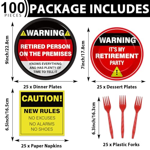 Image of Qyeahkj 100 Pcs Funny Happy Retirement Party Supplies Caution Retirement Paper Plates and Napkins Set Disposable Warning Sign Tableware Decorations for Men Women Farewell Going Away Party Serves 25