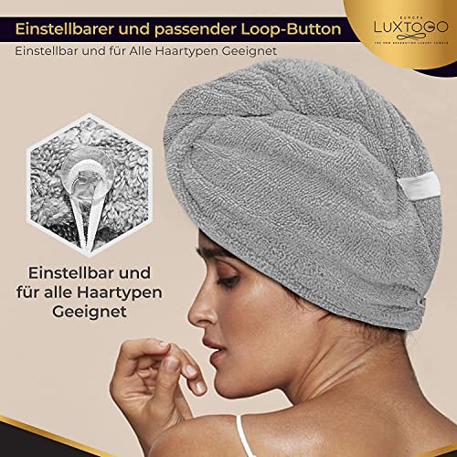 LUXTOGO Premium Haarturban-Handtuch, 100% Baumwolle, Hochwertiges Turban-Handtuch Mit Knopf Und Gummizug, Supersaugfähiges Kopf-Turban (1 STK Grau)