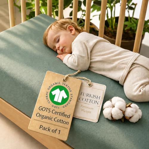 Image of GOTS Organic Cotton Crib Sheets, Aegean Heritage Turkish Cotton 200GSM, Quality at First Touch,1 Pack Toddler Bed Fitted Mattress Sheets for Boys, Girls Cute Breathable Soft (Sage Green)