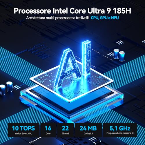 GEEKOM XT1 Mega AI Mini-PC, processore Intel Ultra U9-185H di 14a generazione (16K/22T, fino a 5,1 GHz), 32 GB di RAM DDR5, 1 TB SSD, Mini PC Desktop Windows 11 Pro, WiFi 7/BT 5.4/2.5G LAN/USB4.0/8K