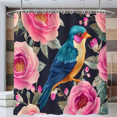Rideau de douche 180 x 200 cm oiseau rose en polyester lavable - 3