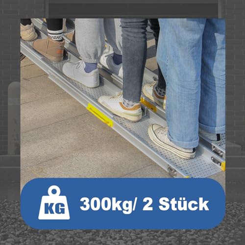 LIEKUMM 2 x 127-300 cm Auffahrrampe Rollstuhl, 300 kg Tragfähigkeit Rollstuhlrampe für Treppen, Stufen, Tragbar Teleskop Auffahrrampe für Elektro-Rollstühle, Fahrräder, Dreifach Ausziehbar