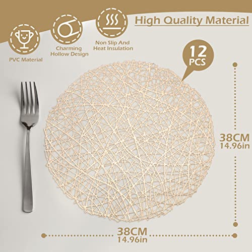 Set Of 12 Woven Placemats Gold Placemats Hollow Out Place Mats Holiday Metallic Mats Golden Round Placemats Handmade Mesh Napkin Rings Holder Gold Napkin Rings For Weddings Dinner Table Parties #TOP1