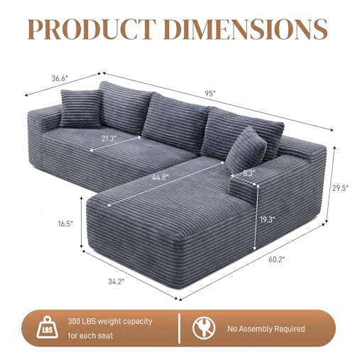 Image of 95 inch L Shaped Cloud Boneless Sectional Couches for Living Room, Modern Comfy Modular Deep Seat Memory Foam Compressed Corduroy Sofa Oversized Right Facing Chaise, No Assembly Required, Grey