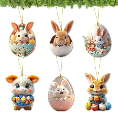 6 Pièces Pendentif Lapin D'œufs de Pâques, 2D Deco Paques, Lapin de Pâques à Suspendre, Decoration D'œufs Paques, Décorations à Suspendre pour...
